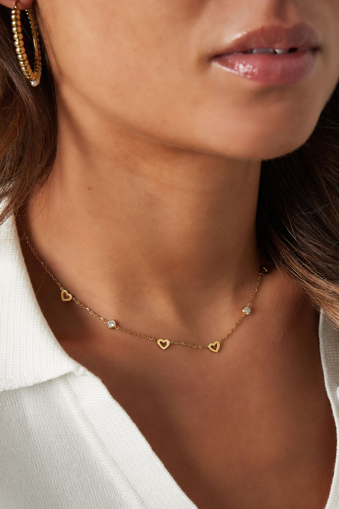 Necklace with heart and diamond charms - stainless steel