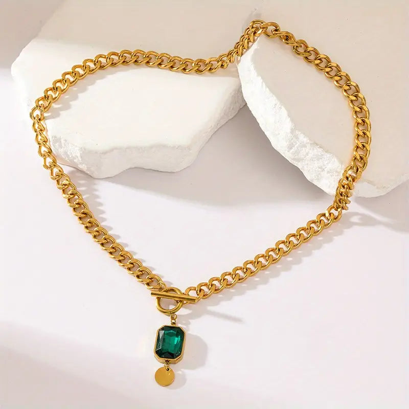 Chunky Chain Emerald Gold Vedhæng Halskæde