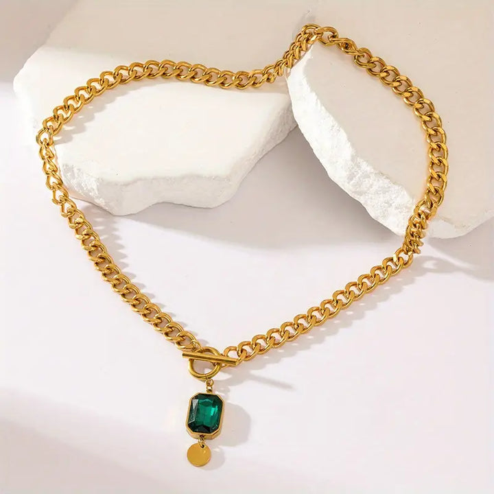 Chunky Chain Emerald Gold Vedhæng Halskæde