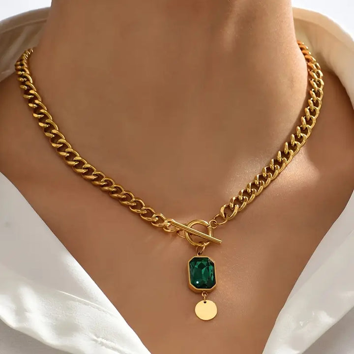 Chunky Chain Emerald Gold Vedhæng Halskæde