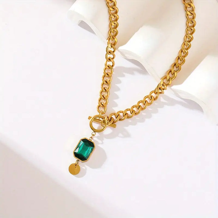 Chunky Chain Emerald Gold Vedhæng Halskæde