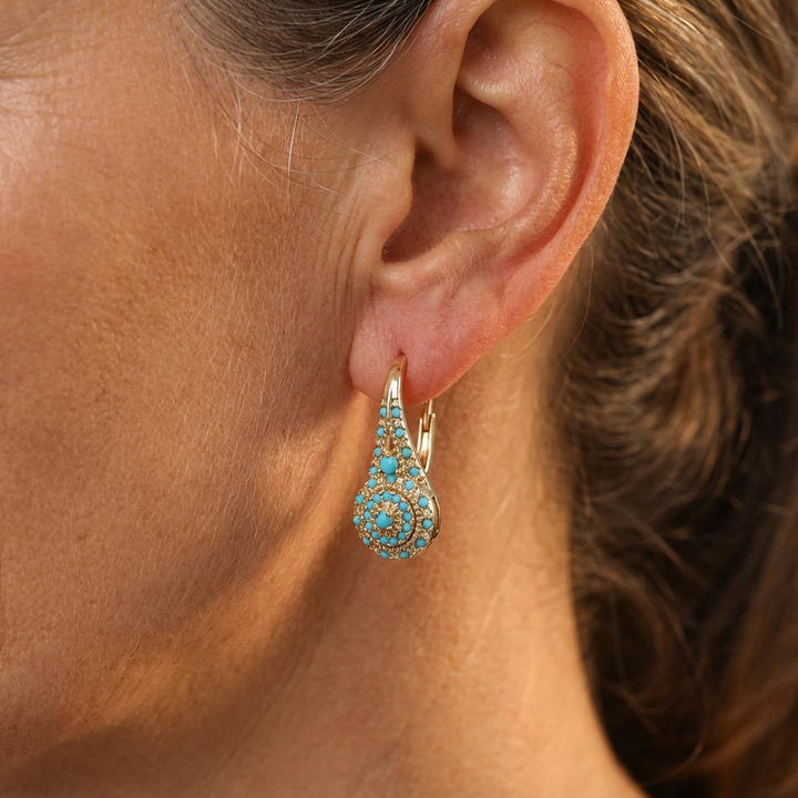 Turquoise mozaïek druppelvormige gouden oorbellen