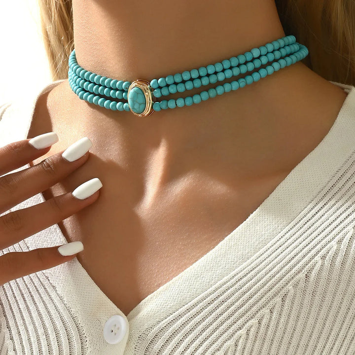 Turquoise driestrengs choker ketting