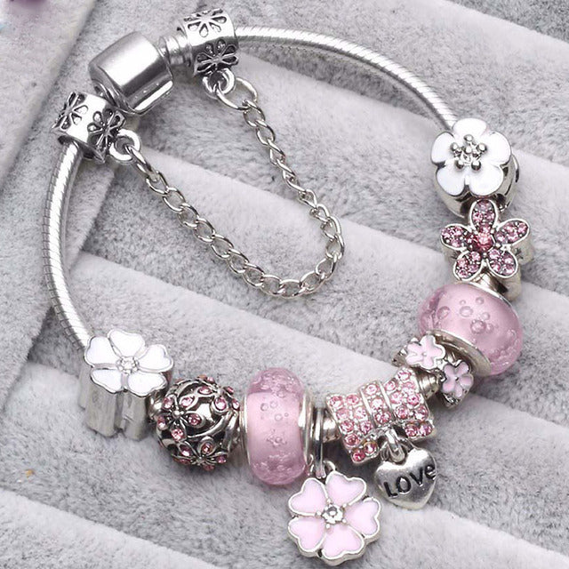 Retro Roze Zilveren Armband