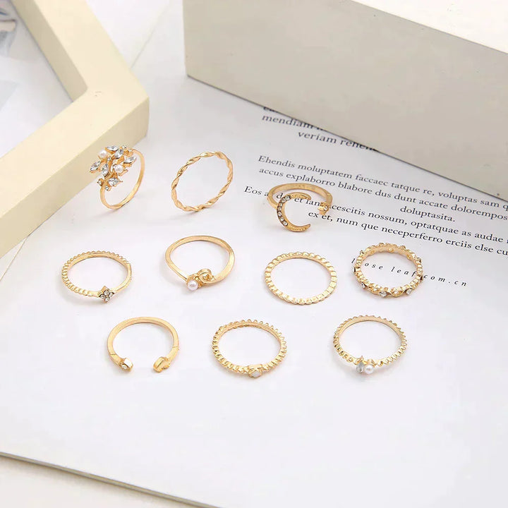 Set van 10 Boho Gouden en Zilveren Ringen