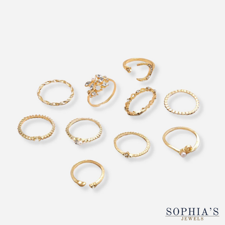 Set van 10 Boho Gouden en Zilveren Ringen