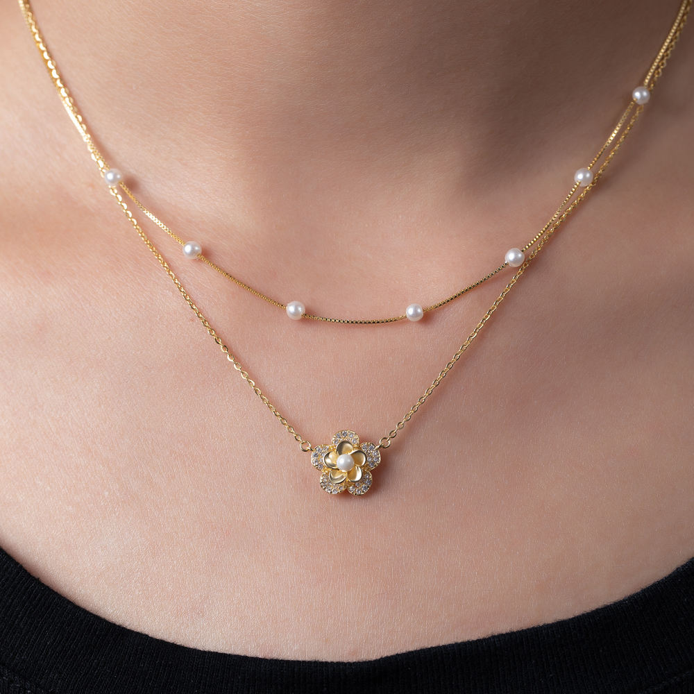 Dubbele Laag Parels Bloem Ketting