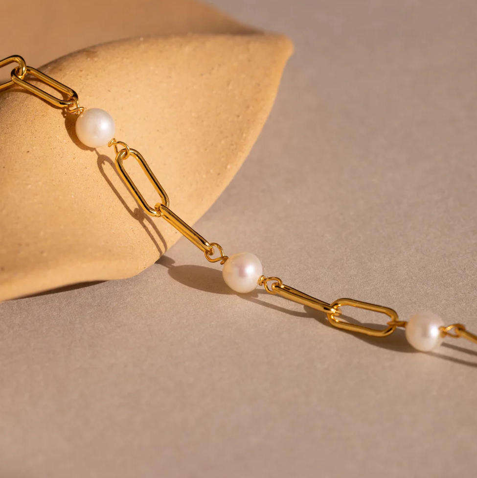Zilveren Paperclip Armband met Parels en Zirkonia