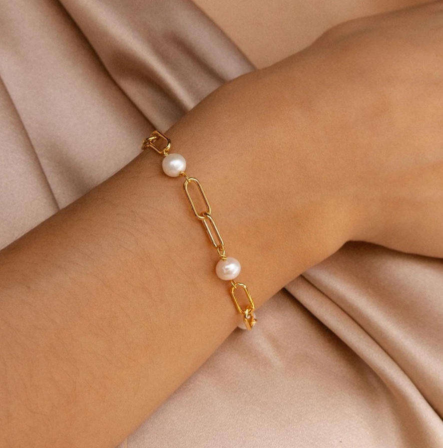 Sølv Perle Zircon Paperclip Armbånd