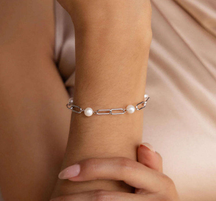 Sølv Perle Zircon Paperclip Armbånd