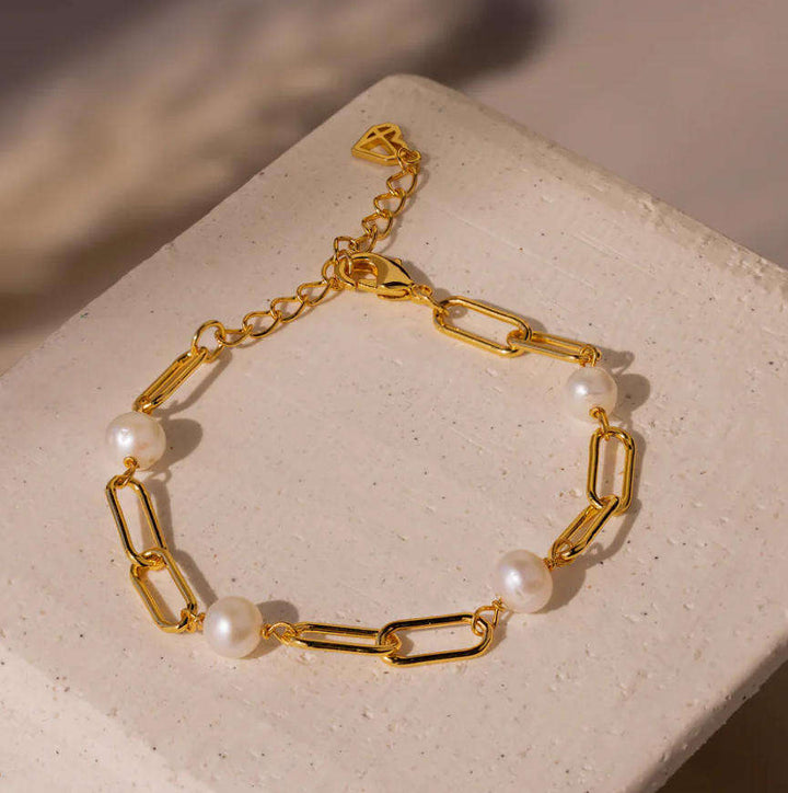 Sølv Perle Zircon Paperclip Armbånd