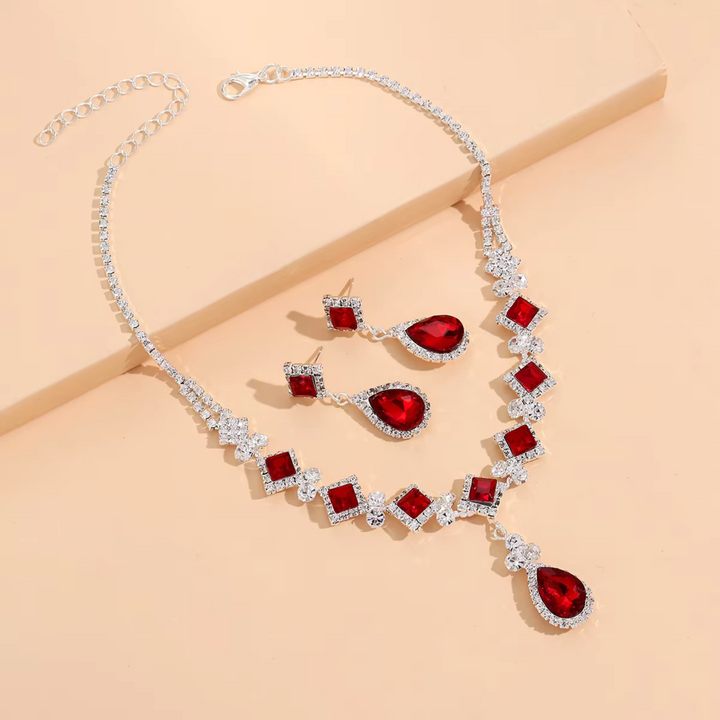 Rød Vanddråbe Choker & Dangle Øreringe Sæt