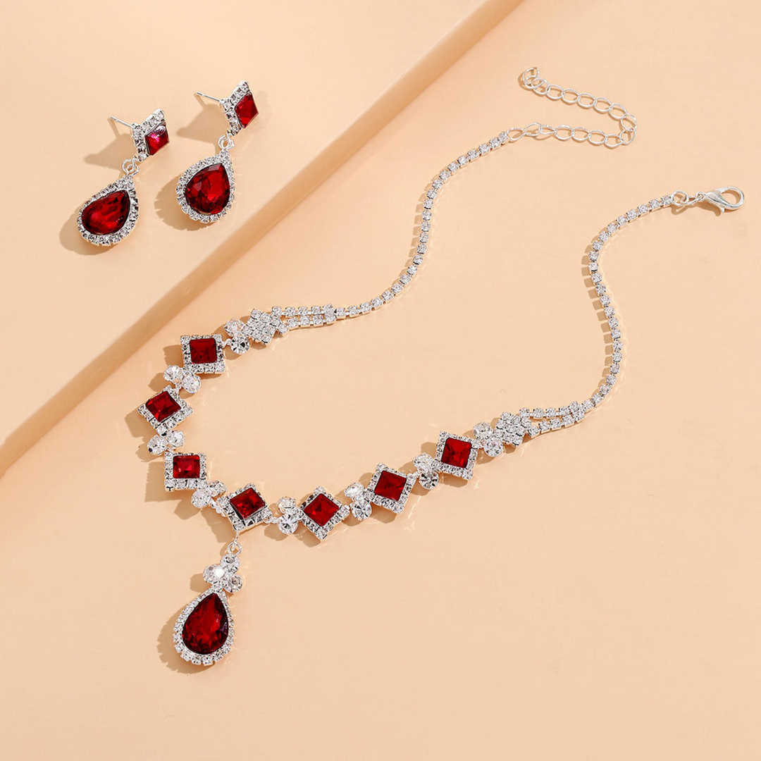 Rød Vanddråbe Choker & Dangle Øreringe Sæt
