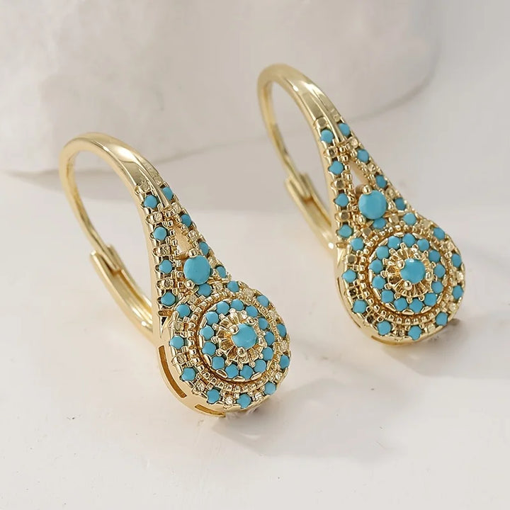 Turquoise mozaïek druppelvormige gouden oorbellen