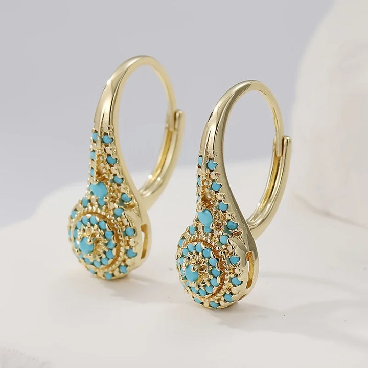 Turquoise mozaïek druppelvormige gouden oorbellen