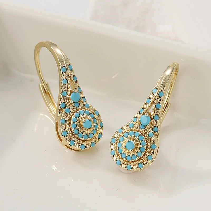 Turquoise mozaïek druppelvormige gouden oorbellen