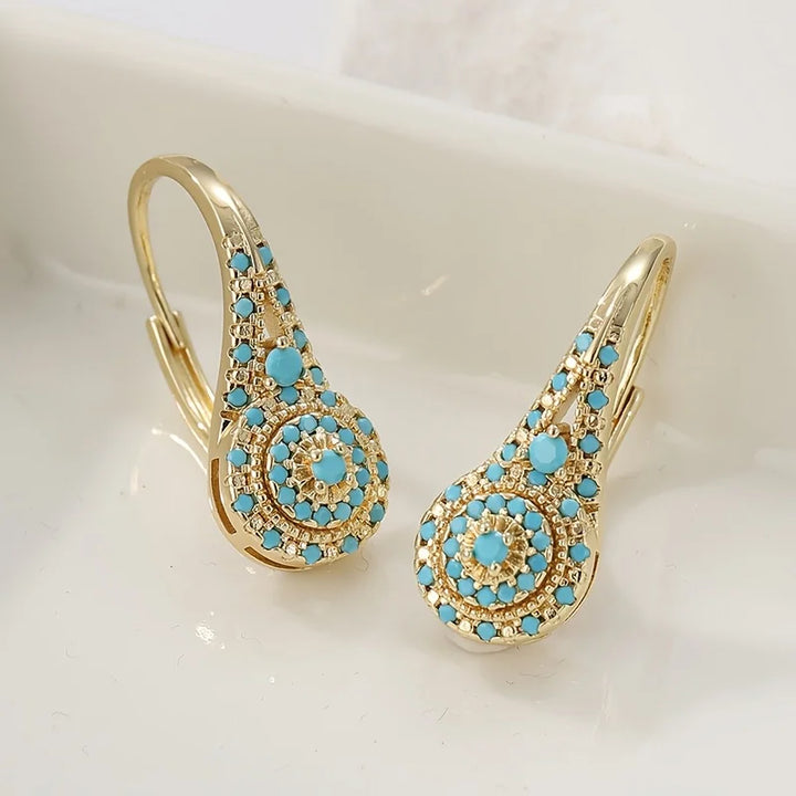 Turquoise mozaïek druppelvormige gouden oorbellen