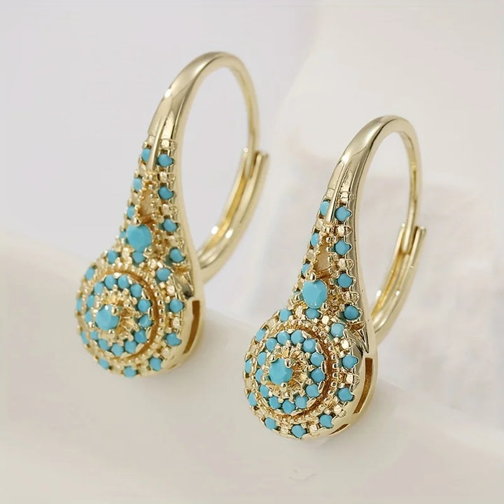 Turquoise mozaïek druppelvormige gouden oorbellen