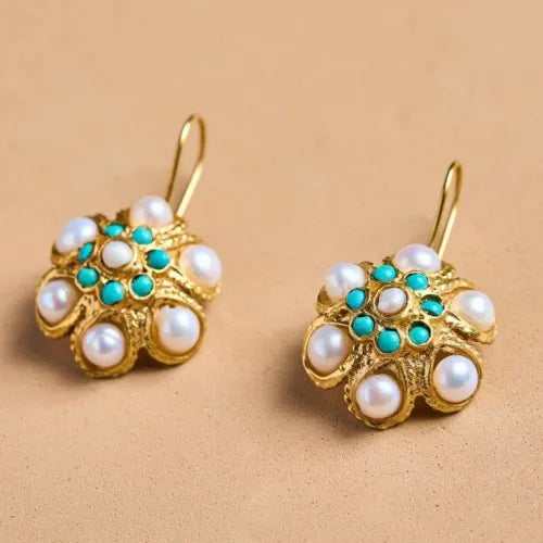Vintage turquoise en parel medaillon oorbellen