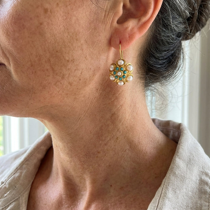 Vintage turquoise en parel medaillon oorbellen