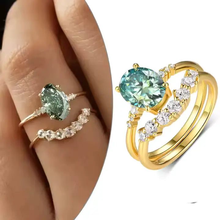 Set van Gouden Vergulde Ringen met Groene Moissanite